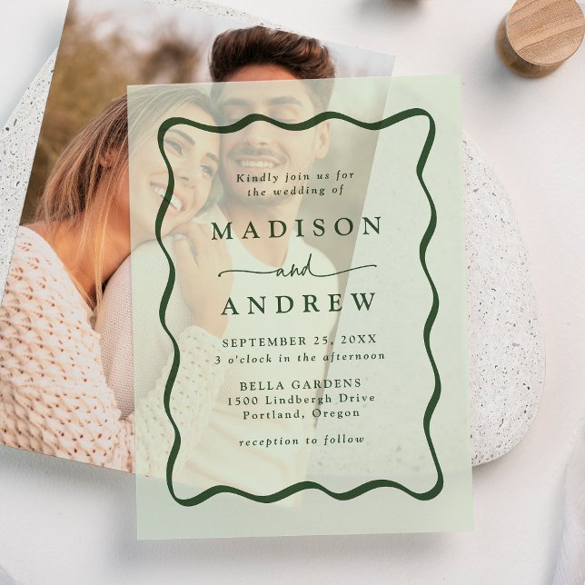 Modern Green Wavy Frame Wedding Vellum Invitations (Creator Uploaded)