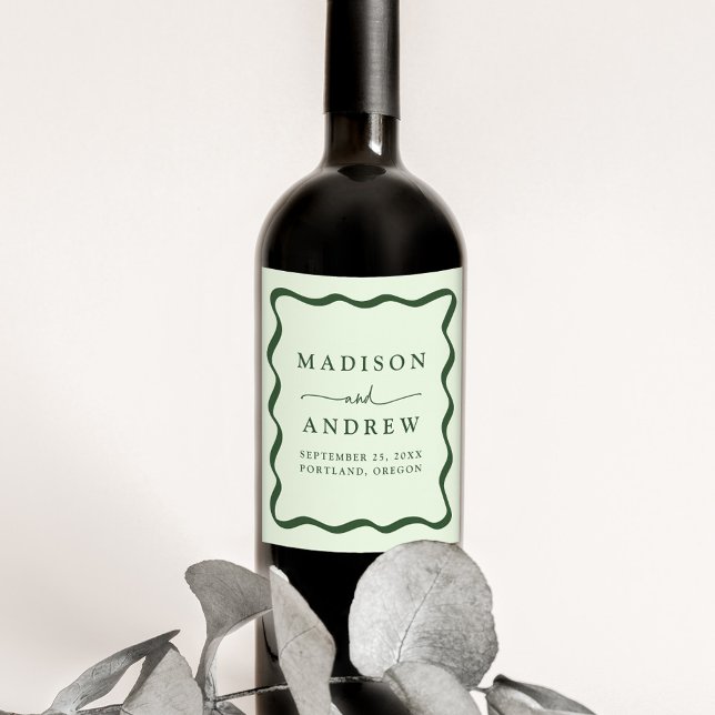 Modern Green Wavy Frame Wedding Wine Label (Creator Uploaded)