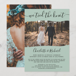 Modern green wedding elopement tied the knot photo announcement