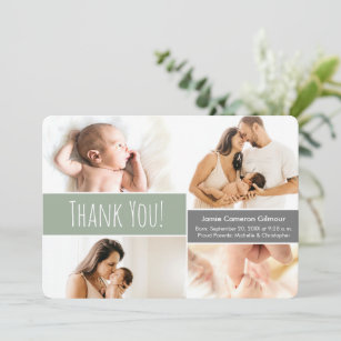 Modern Green Welcome Home Baby boy Photo Collage Thank You Card