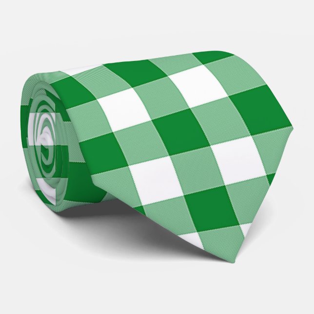 Modern Green White Buffalo Checks Plaid Tie (Rolled)