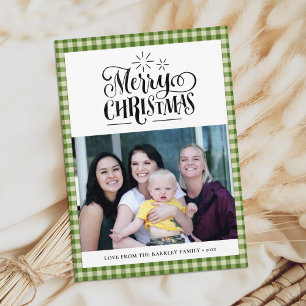 Modern Green White Buffalo Plaid Fun Script Simple Holiday Card