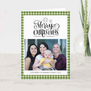 Modern Green White Buffalo Plaid Fun Script Simple Holiday Card