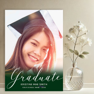 Modern Green White Calligraphy Photo Graduation Announcement