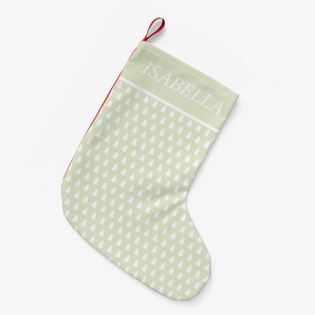 Modern Green White Christmas Tree Pattern Name Small Christmas Stocking (Front (Hanging))