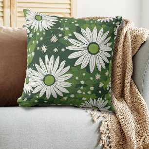 Modern Green White Floral Throw Pillow
