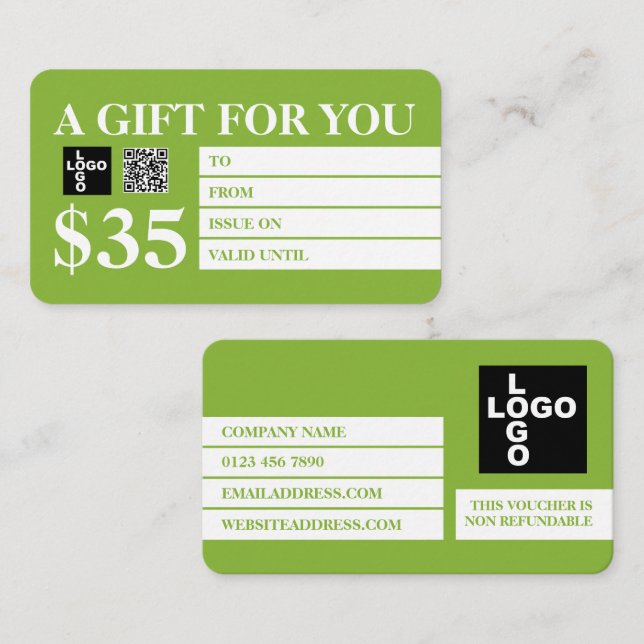 Modern Green & White Gift Certificate Cards (Front/Back)