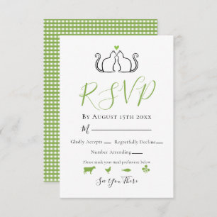 Modern Green White Gingham Cats In Love Wedding RSVP Card