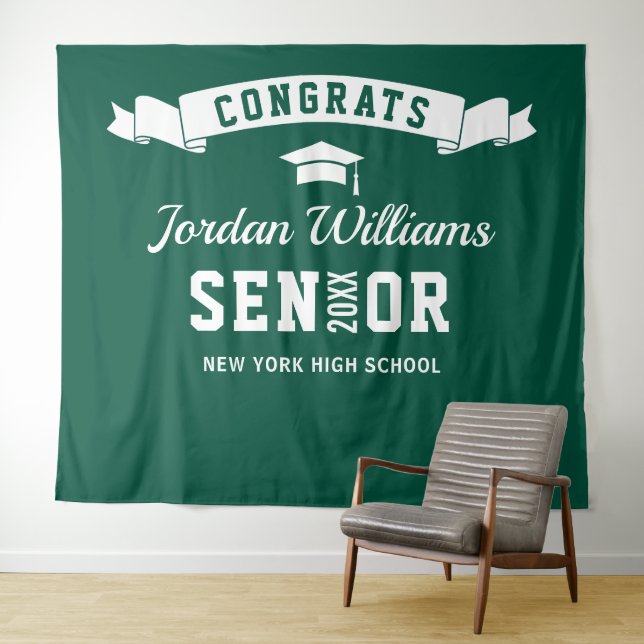 Modern Green White Graduation Photo Backdrop Tapestry (In Situ (Horizontal))