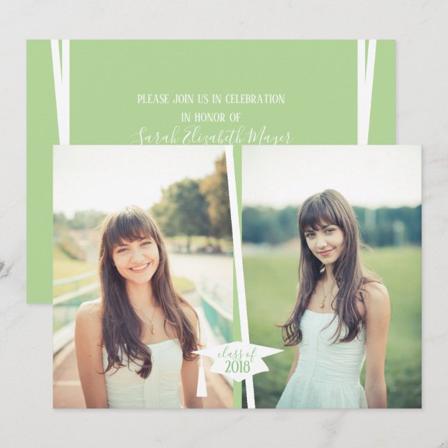Modern Green & White Graduation Photo Invitations (Front/Back)