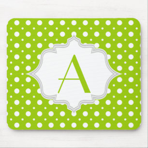 Modern green, white polka dot pattern & monogram mouse pad