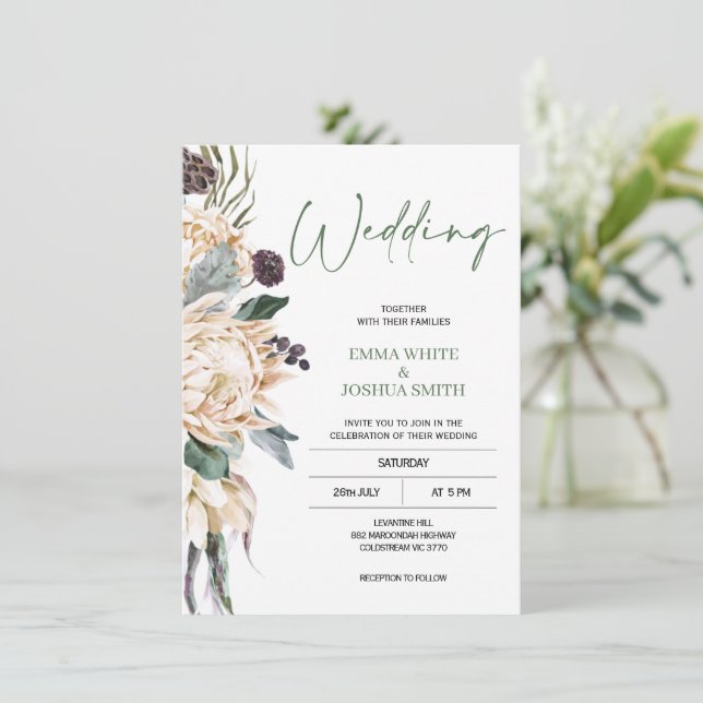 Modern Green White Protea Wedding Invitation (Standing Front)