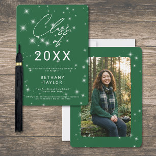 Modern Green & White Sparkle Graduation Announcement