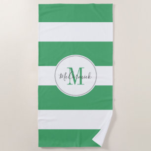 Modern Green White Striped Script Personalized Beach Towel