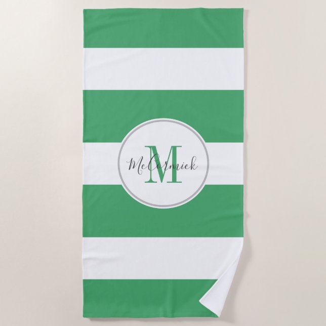 Modern Green White Striped Script Personalized Beach Towel (Front)