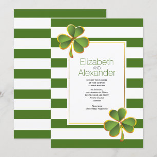 Modern green, white stripes Irish clover wedding Invitation