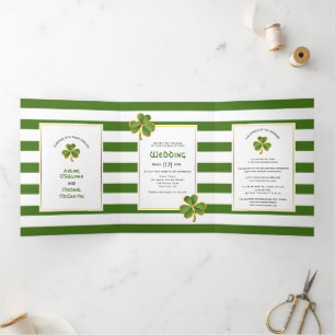 Modern green, white stripes Irish clover wedding Tri-Fold Invitation