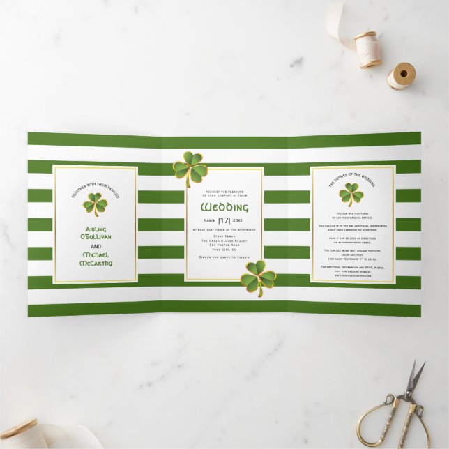 Modern green, white stripes Irish clover wedding Tri-Fold Invitation (Inside)