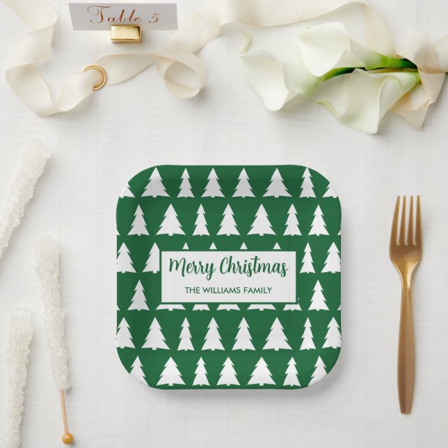 Modern Green White Tree Pattern Christmas Party Paper Plate (Wedding)