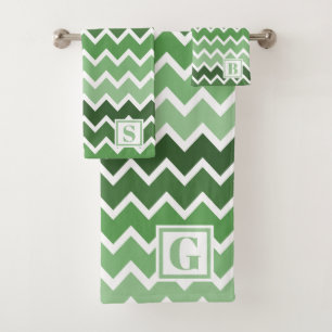 Modern Green White Zigzag Lines Monogram Bath Towel Set