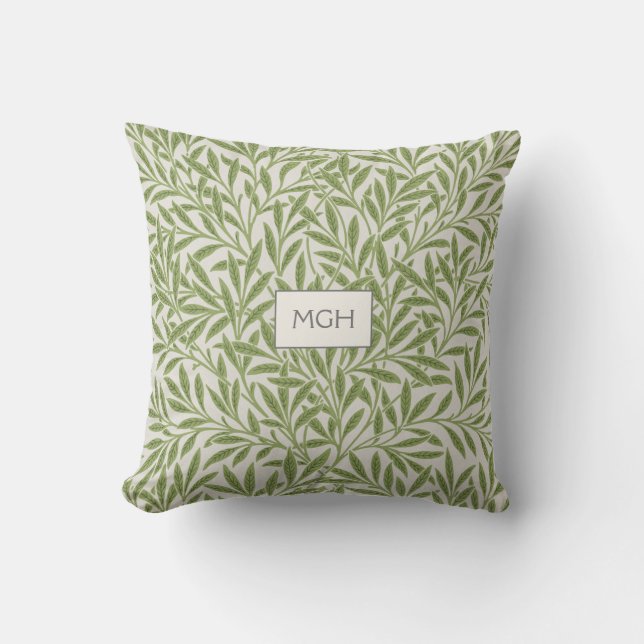 Modern Green Willow Leaves Monogram Throw Pillow (Front)