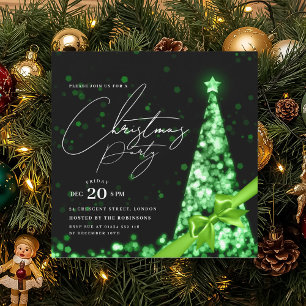 MODERN Green Winter Christmas Tree Bow Party Invitation