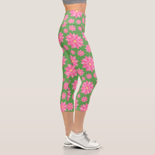Modern Green with Pink Flowers Capri Leggings