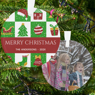 Modern Green Xmas Family Custom Photo Ornament