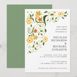 Modern Green Yellow Floral Elegant Wedding Invitation