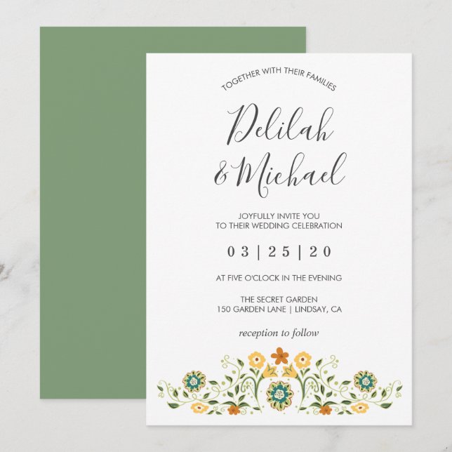Modern Green Yellow Floral Wedding Invitation (Front/Back)
