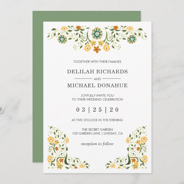 Modern Green Yellow Floral Wedding Invitation (Front/Back)
