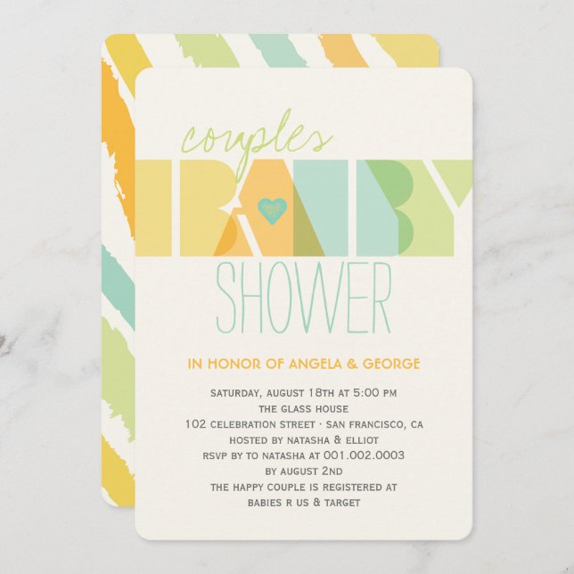 Modern Green Yellow Typography Couples Baby Shower Invitation (Front/Back)