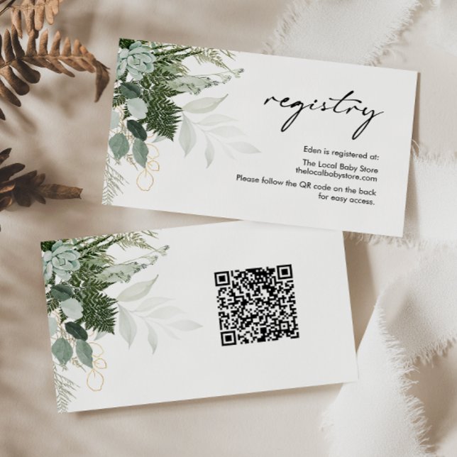 Modern Greenery and Gold Baby Registry QR Code  Enclosure Card (Creator Uploaded)