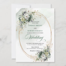 Modern Greenery and Gold Wedding Invitation
