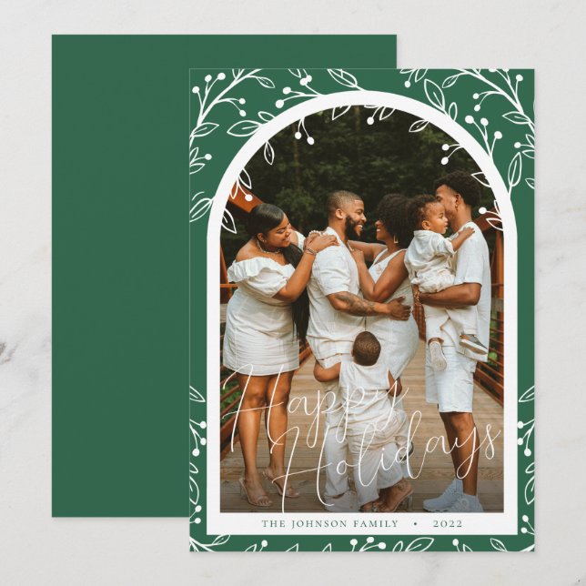 Modern Greenery Arch Family Photo Holiday Card (Front/Back)