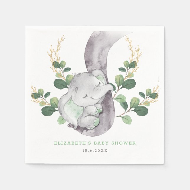 Modern Greenery Baby Elephant Green Gold Garden Napkin (Front)