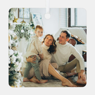 Modern Greenery Black Christmas Family Photo Metal Ornament