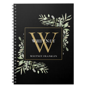 Modern Greenery Black Gold Monogram Name Notebook