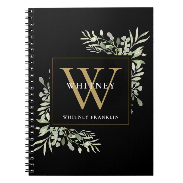Modern Greenery Black Gold Monogram Name Notebook (Front)