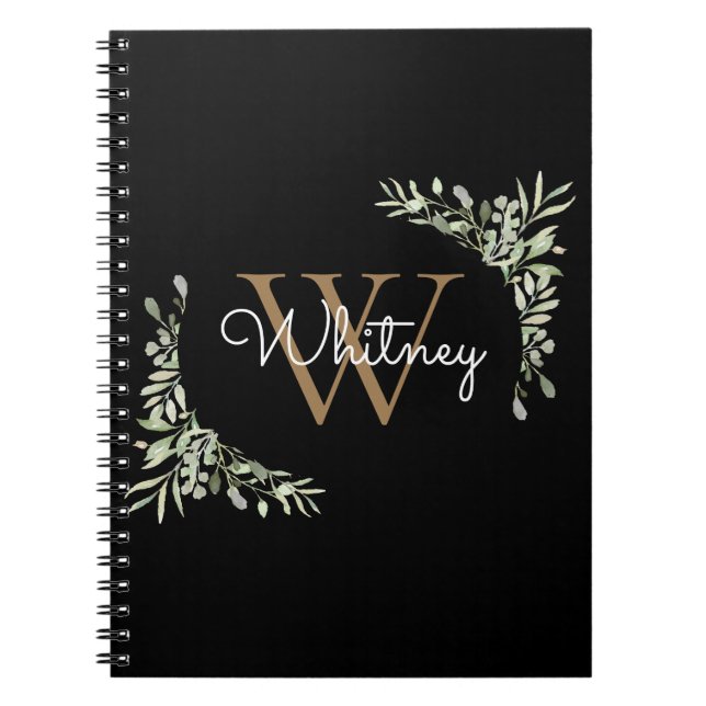 Modern Greenery Black Gold Monogram Script Name Notebook (Front)