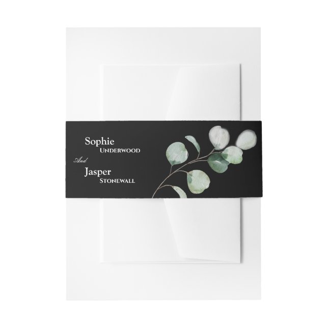 Modern Greenery Black Wedding Invitation Belly Band (Front Example)