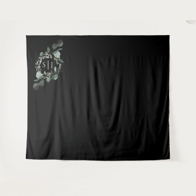 Modern Greenery Black Wedding Photo Backdrop Tapestry (Front (Horizontal))