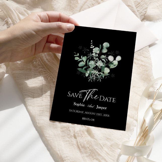 Modern Greenery Black Wedding Save The Date Card (Creator Uploaded)