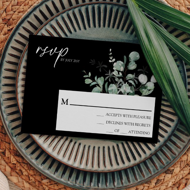 Modern Greenery Black Wedding Simple RSVP Card (Creator Uploaded)