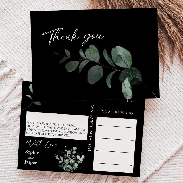 Modern Greenery Black Wedding Thank You Postcard (Creator Uploaded)