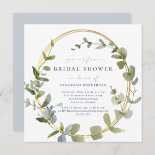 Modern Greenery Blue and Gold Bridal Shower Invitation