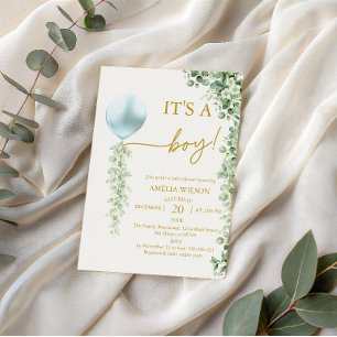 Modern Greenery Blue Balloon Baby Boy Shower Invitation