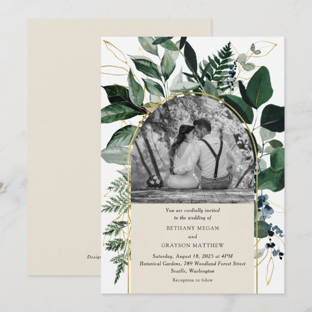Modern greenery botanic garden arch photo wedding invitation (Front/Back)