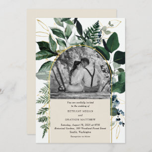 Modern greenery botanic garden arch photo wedding invitation