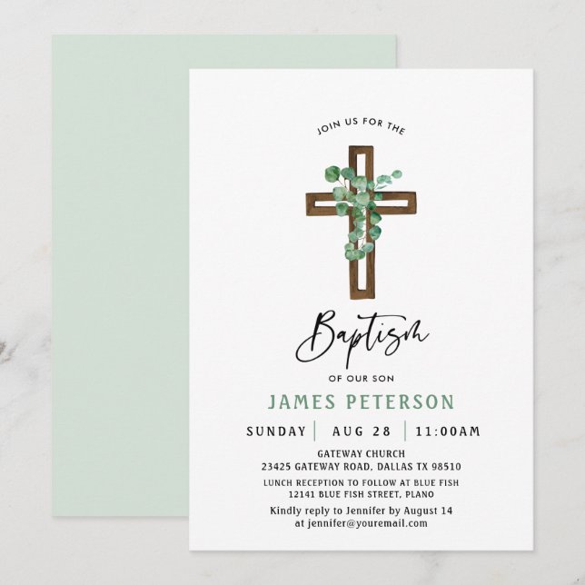 Modern Greenery Boy Baptism Celebration Invitation (Front/Back)